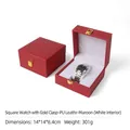 Burgundy matte PU leather square watch gift box with gold clasp and white velvet interior - PU Leather Watch Box - Red (White Interior)