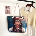 Ethnic canvas tote bag with bohemian tribal woman portrait and white rope handles - Style 25 / One Size