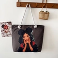 Canvas tote bag with cartoon girl print and white cotton rope handles in dark charcoal grey - Style 27 / One Size
