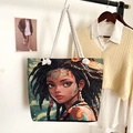 Ethnic canvas tote bag with thick rope handles featuring a colorful tribal girl print - Style 28 / One Size