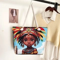 Ethnic style canvas tote bag with African girl illustration and white hemp rope handles - Style 31 / One Size