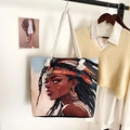Ethnic style canvas tote bag with African woman portrait and white cotton rope handles - Style 32 / One Size