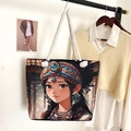 Ethnic style canvas tote bag with anime girl print and white cotton rope handles - Model 34 / One Size