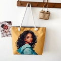 Mustard yellow canvas tote bag featuring female portrait illustration and cotton rope handles - Style 35 / One Size