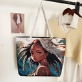 Ethnic canvas tote bag with artistic African figure print and sturdy white rope handles - Style 36 / One Size