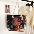 Ethnic canvas tote bag with African woman art print and white braided rope handles - Style 39 / One Size