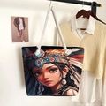Ethnic style canvas tote bag with artistic girl portrait and white rope handles - Style 40 / One Size
