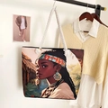 Ethnic style canvas tote bag featuring African woman illustration and hemp rope straps - Model 41 / One Size
