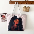 Pink canvas tote bag featuring ethnic girl illustration and white cotton rope handles - Style 42 / One Size