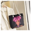 Black canvas tote bag with African woman portrait and white cotton rope handles - Style 22 / One Size