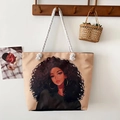 Ethnic canvas tote bag with black woman illustration and white thick rope handles - Style 26 / One Size