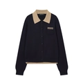 Cardigan en maille pour femme bleu marine avec col polo contrasté de couleur kaki - S / Bleu marine