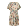 Robe à épaules dénudées en ramie avec imprimés bohèmes et manches bouffantes - XS / Sable