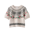 Jersey vintage de punto crema con manga corta, jacquard nórdico y bordado de flores - S / Albaricoque