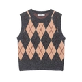 Vintage argyle knit sweater vest in dark grey and beige with classic round neckline - S / Gray
