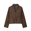 Women brown suede short jacket with classic lapel and three-button front utility pockets - XS / Dark Brown