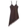 Chocolate brown satin slip dress with lace details and asymmetrical hemline for women - XS / Dark Brown