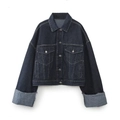 Deep blue denim jacket with lapel collar, chest pockets and folded cuffs on white background - XS / Tops
