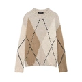 Jersey de punto para mujer con estampado de rombos vintage en tonos tierra y cuello redondo - S / Color Block