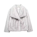 Elegant light gray faux fur jacket for women with large lapels and fluffy texture - XS / Gradient Grey
