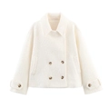 Short cream boucle jacket with double-breasted buttons and lapel collar in a flat lay view - XS / White