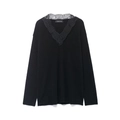 Maglione nero in maglia con scollo a V, pizzo raffinato e maniche lunghe autunnali - S / Nero