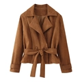 Brown faux suede jacket for women with lapel collar and waist tie in flat lay view - S / Caramel color
