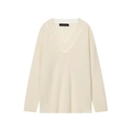 Chic cream wool-blend knit sweater with elegant V-neck lace trim and long sleeves - S / Off White
