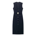 Navy blue V-neck sleeveless midi dress with gold flower buckle and button details - XS / Black