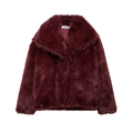 Short wine red faux fur coat with oversized lapels and plush texture in a flat lay view - XS / Burgundy