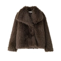 Short coffee brown faux fur jacket for women with large lapels and fluffy texture - XS / Brown