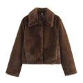 Women's short faux fur coat in dark brown with a thick lapel collar for winter fashion - Brown