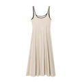 Detail of contrast black binding on a beige sleeveless midi dress with premium fabric - S / Beige
