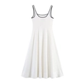 Detail view of contrast black trim on the white linen sleeveless midi dress neckline - S / White