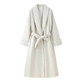 Elegant off-white mid-length wool coat for women with shawl collar and faux fur cuffs - S / White