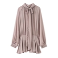 Elegant mauve long sleeve dress with bow tie neck and ruffled hem in flowy design - XS / Lotus root pink