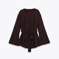 Chocolate brown V-neck knit cardigan with dramatic bell sleeves and a waist-tie belt - S / Coffee