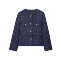 Giacca in tweed blu scuro da donna con bottoni dorati e paillettes stile elegante - S / Blu scuro