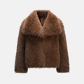Elegant dark brown faux fur coat with oversized lapels and a fluffy textured finish - As Shown