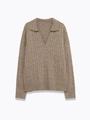 Macro shot of cable knit texture and polo collar on a beige knitted sweater - S / Khaki