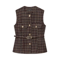 Dames tweed vest met riem en gouden knopen op een strakke witte achtergrond - S / Donkerbruin