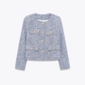 Giacca classica in tweed blu e bianco con bottoni dorati su sfondo bianco - XS / Blu