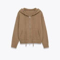 Women's brown knitted zip-up hoodie with drawstring and ribbed cuffs for autumn wear - S / Khaki