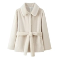 Elegant cream faux fur coat with lapel collar and matching waist belt for winter warmth - S / Milky White