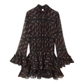 Floral puff sleeve mini dress with high neck and tiered ruffle hem in paisley print - XS / Black