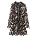 Floral chiffon mini dress with ruffle collar and waist tie on white background - XS / Printed