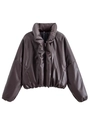 Short dark brown faux leather puffer jacket with stand collar and ribbed cuffs - XS / Dark Brown