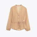 Stijlvolle damesblouse met plissé-effect, lange mouwen, V-hals en verstelbaar trekkoord - S / Oranje