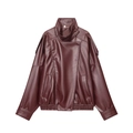 Veste oversize tendance en similicuir bordeaux avec col montant et style motard chic - XS / Rouge