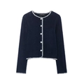 Close-up of navy knit cardigan featuring white scalloped edges and pearl-like buttons - S / Dark Blue
